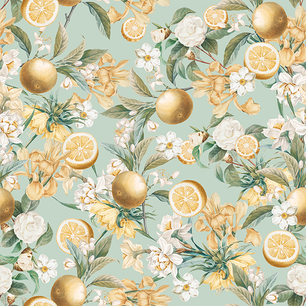 light-blue_wallpaper displaying a floral pattern with golden yellow lemon fruits and green leaves on a light blue background.