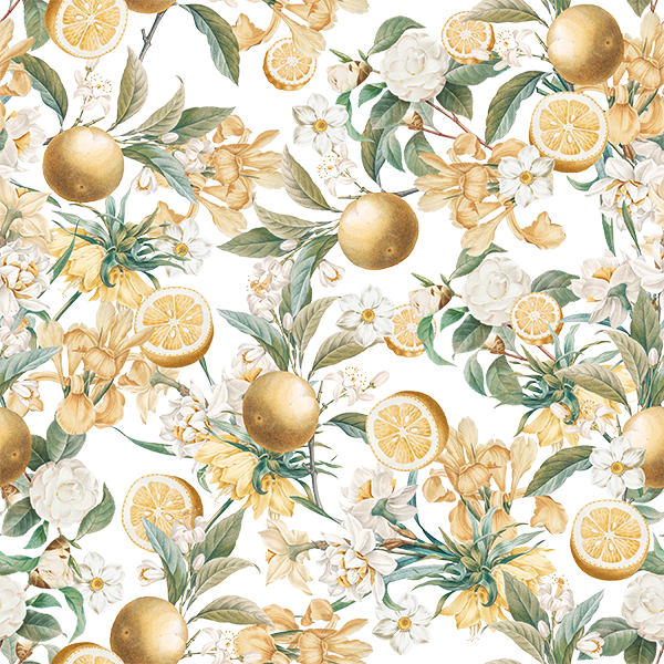 white_wallpaper displaying a floral pattern with golden yellow lemon fruits and green leaves on a white background.