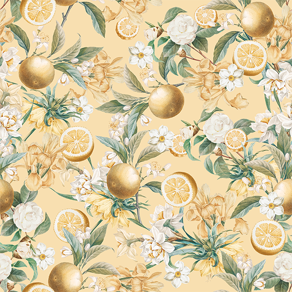 yellow_wallpaper displaying a floral pattern with golden yellow lemon fruits and green leaves on a yellow background.
