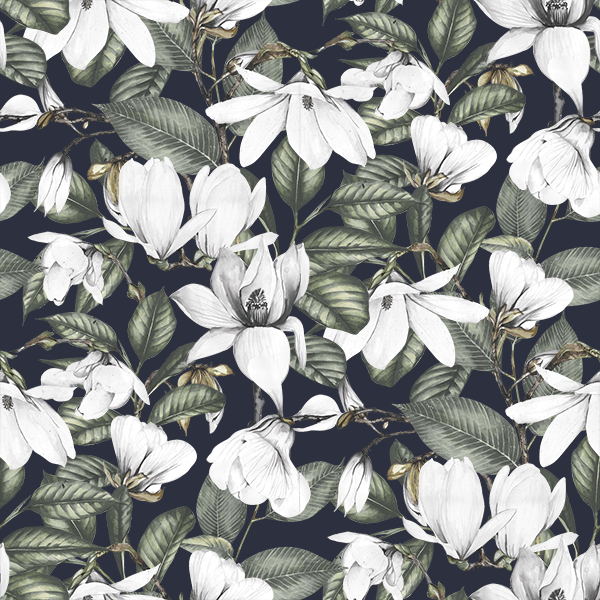 navy_wallpaper displaying a repeated pattern of white magnolia flowers and green leaves on a navy background.