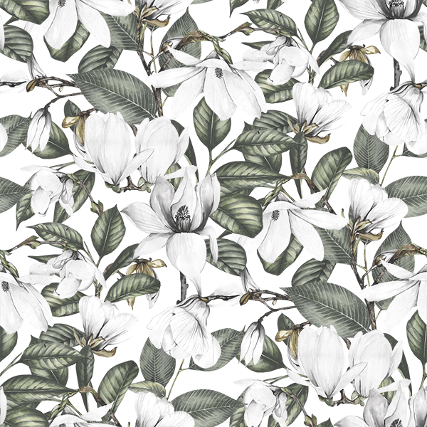 white_wallpaper displaying a repeated pattern of white magnolia flowers and green leaves on a white background.