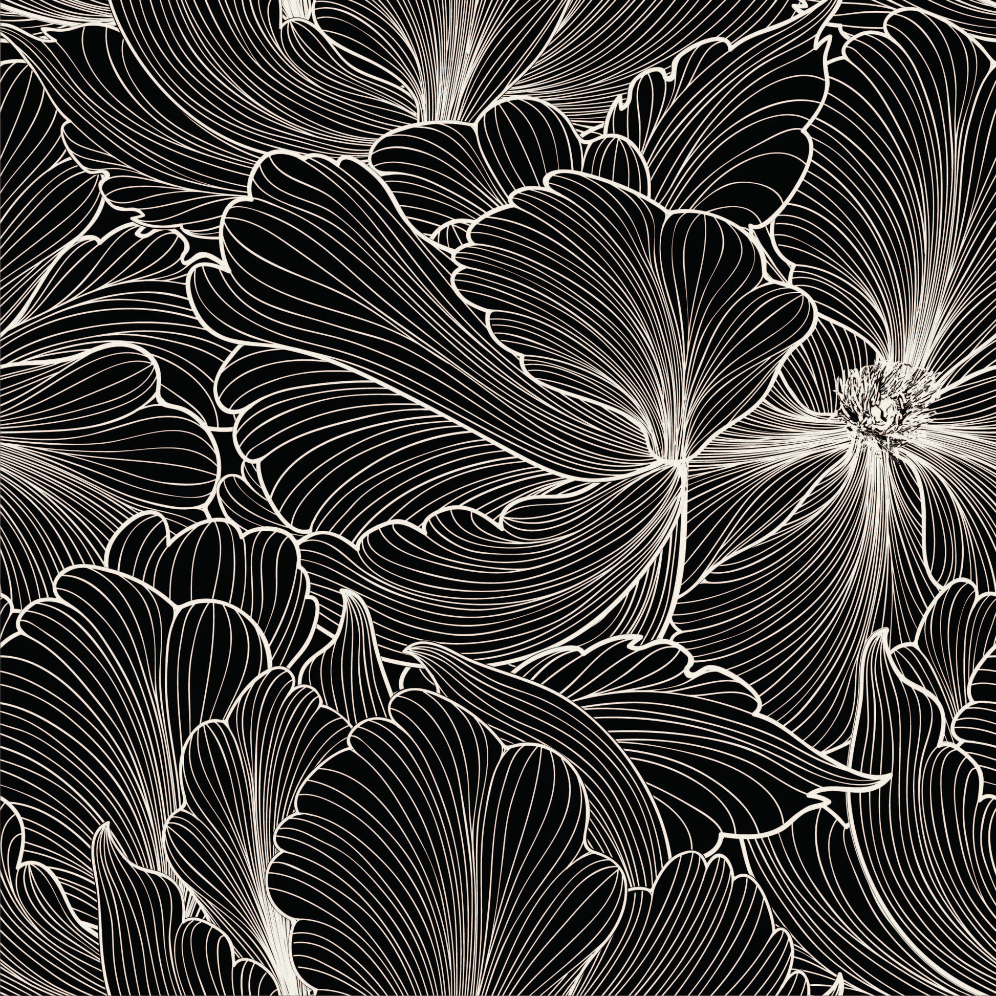 black_Bold floral pattern featuring large, flowing blossoms rendered in fine white linework on a black background, creating a high-contrast, elegant, and dramatic look in a seamless repeat.