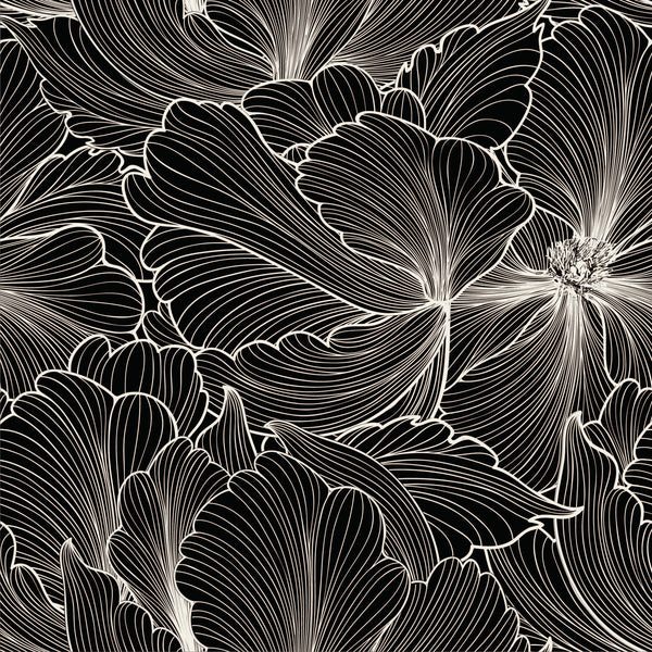 black_Bold floral pattern featuring large, flowing blossoms rendered in fine white linework on a black background, creating a high-contrast, elegant, and dramatic look in a seamless repeat.