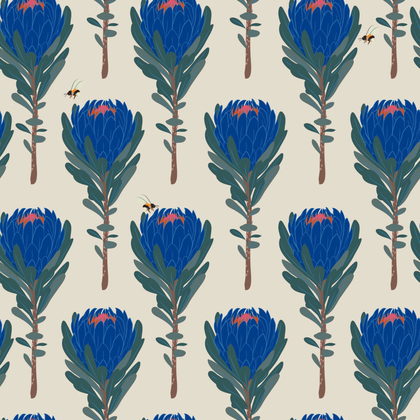 taupe_Seamless botanical pattern featuring stylized protea flowers in deep blue with green foliage, accented by small illustrated bees, set against a soft neutral background for a bold yet refined look.