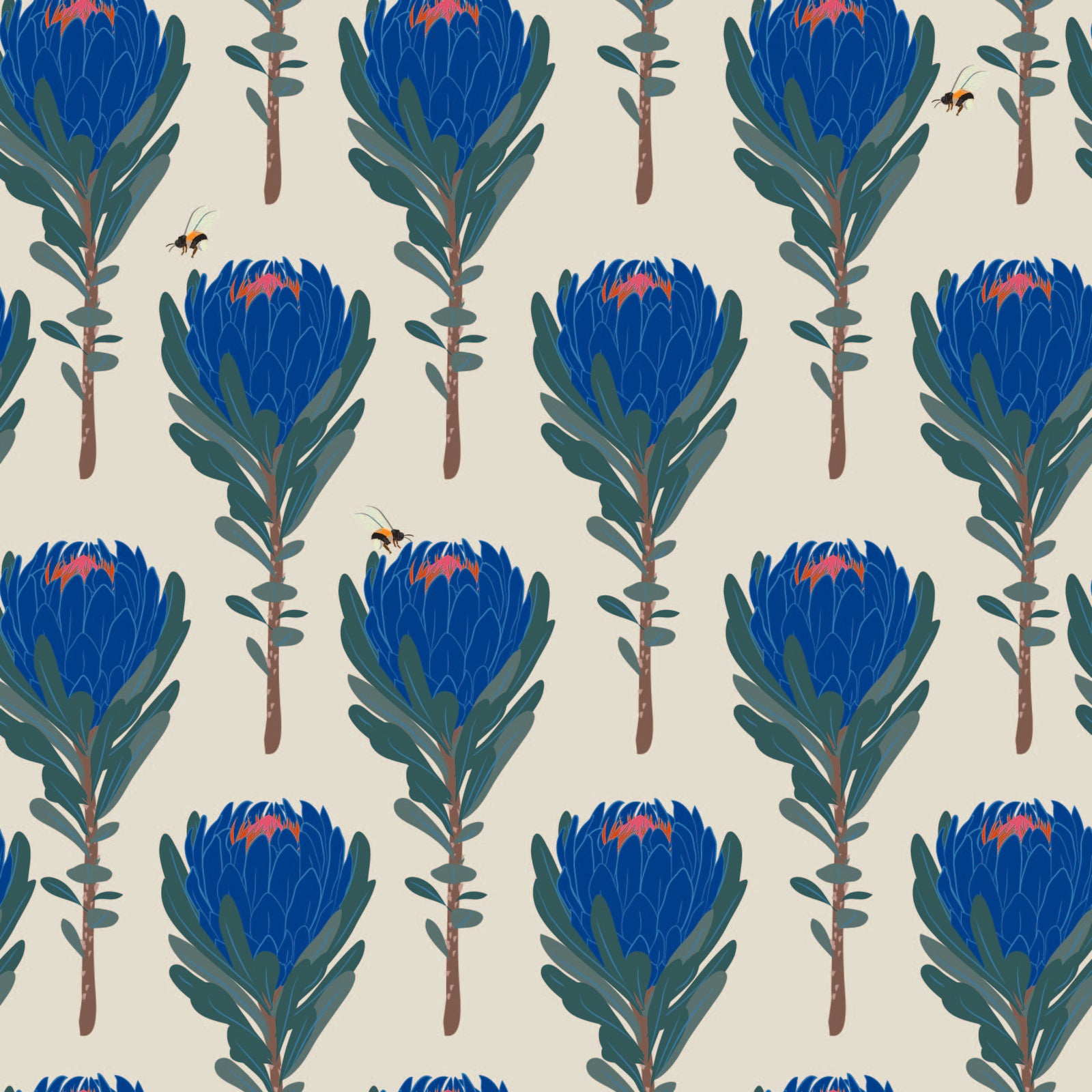 taupe_Seamless botanical pattern featuring stylized protea flowers in deep blue with green foliage, accented by small illustrated bees, set against a soft neutral background for a bold yet refined look.