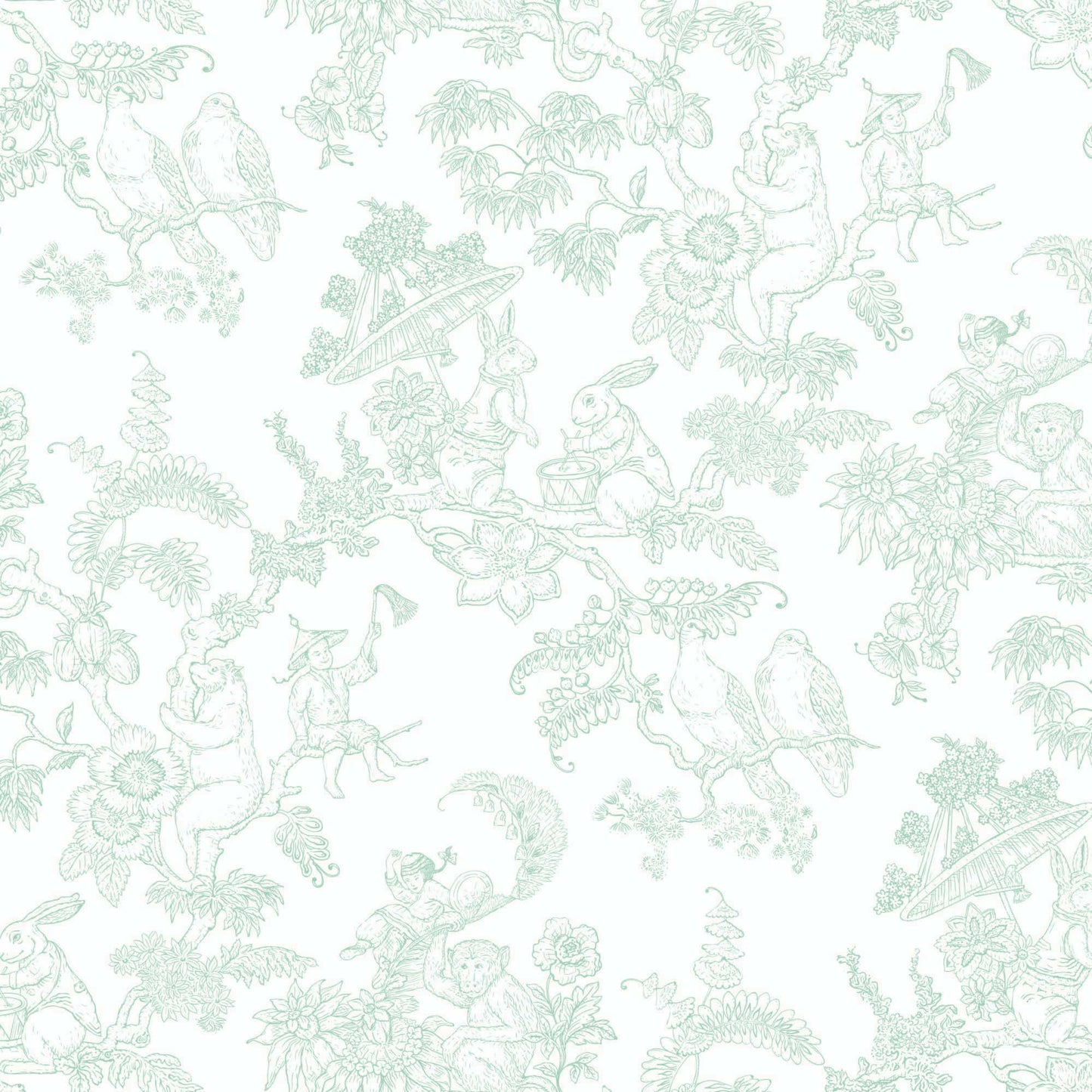 green_A traditional wallpaper with a floral pattern in a toile style design, predominantly green on a white background.