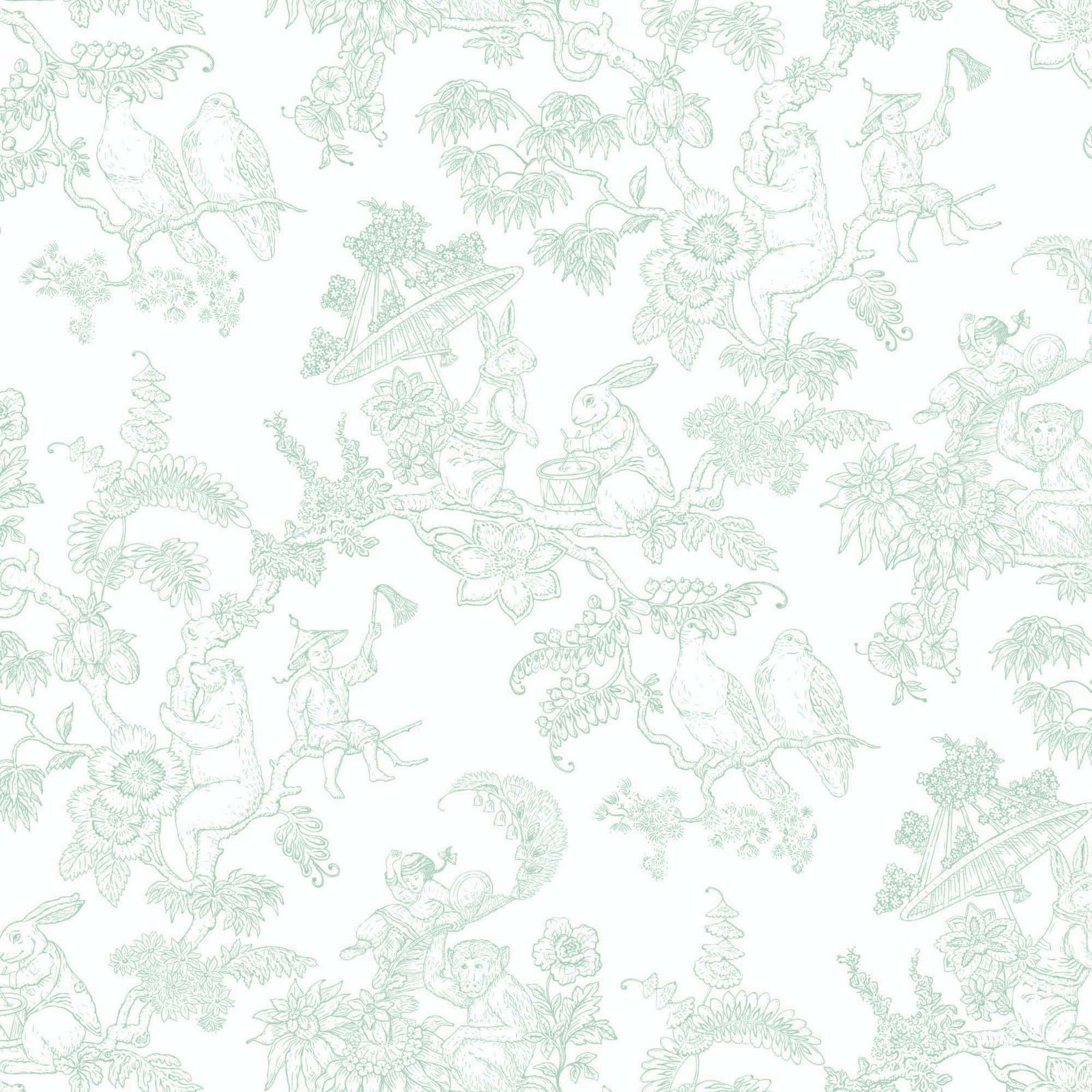 green_A traditional wallpaper with a floral pattern in a toile style design, predominantly green on a white background.