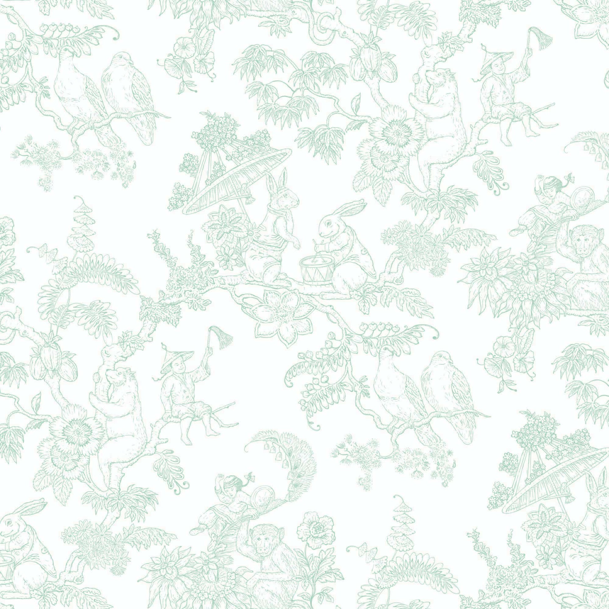 green_A traditional wallpaper with a floral pattern in a toile style design, predominantly green on a white background.