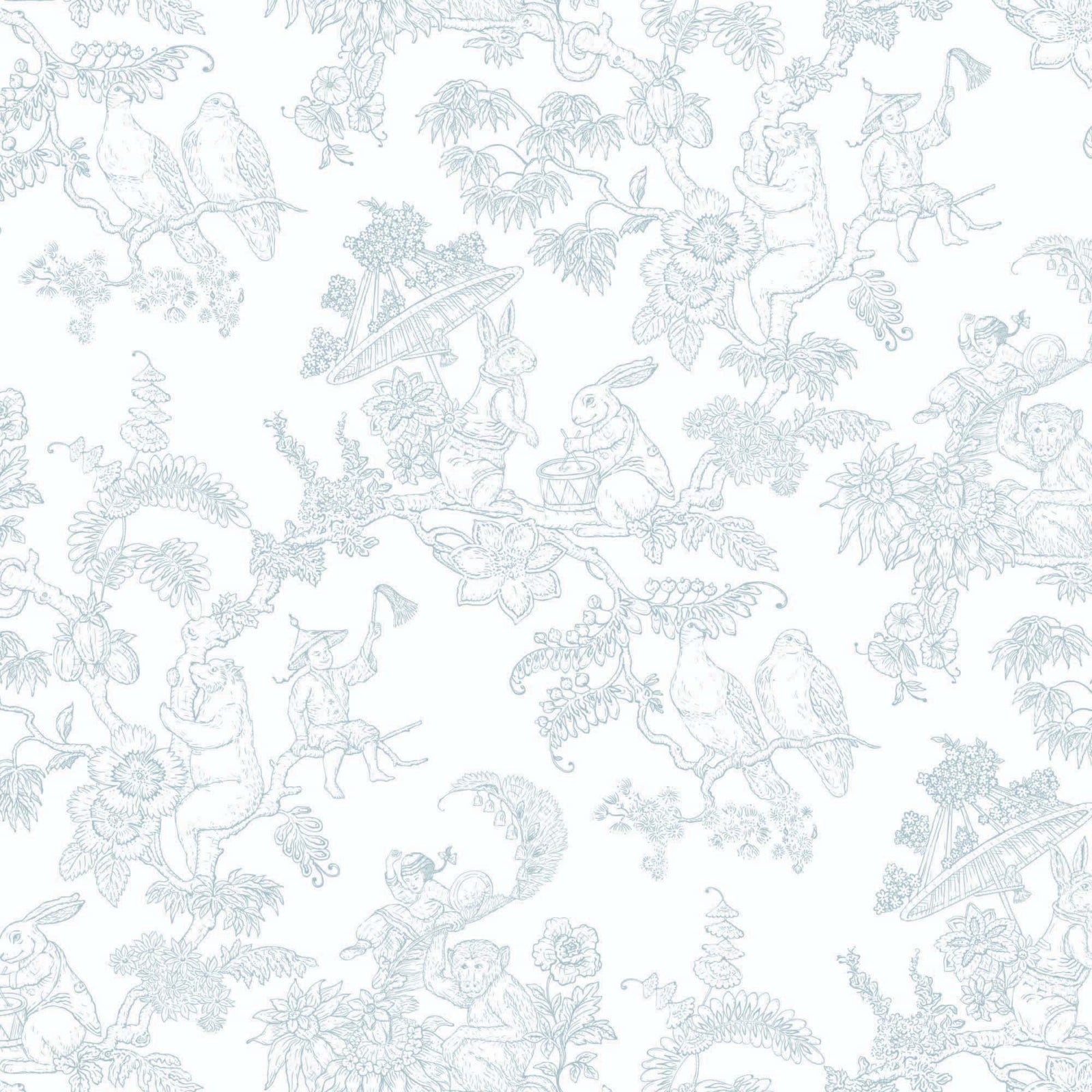 light-blue_A traditional wallpaper with a floral pattern in a toile style design, predominantly light blue on a white background.