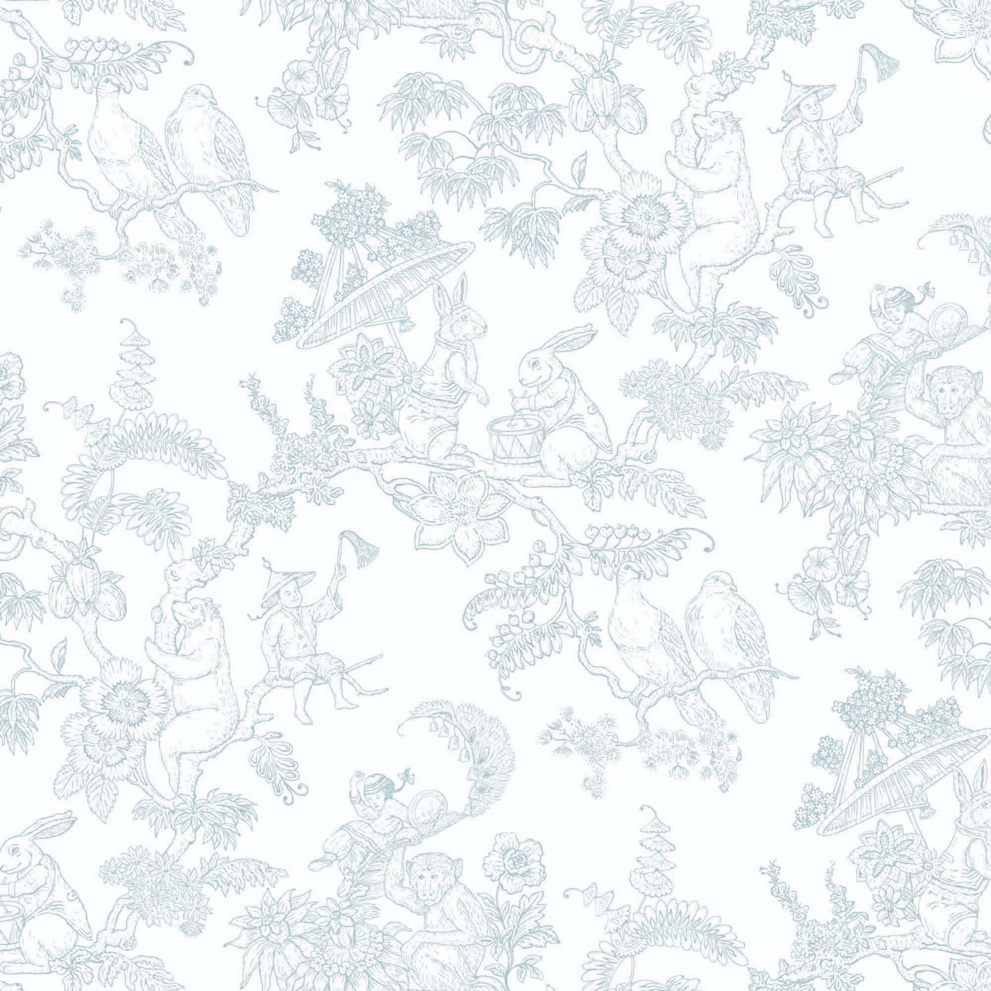 light-blue_A traditional wallpaper with a floral pattern in a toile style design, predominantly light blue on a white background.