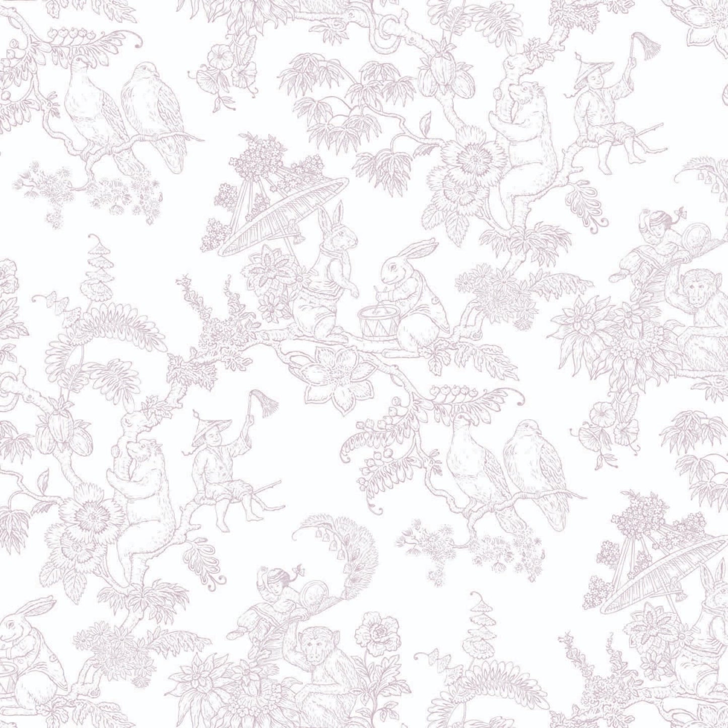 light-mauve_A traditional wallpaper with a floral pattern in a toile style design, predominantly light muave on a white background.