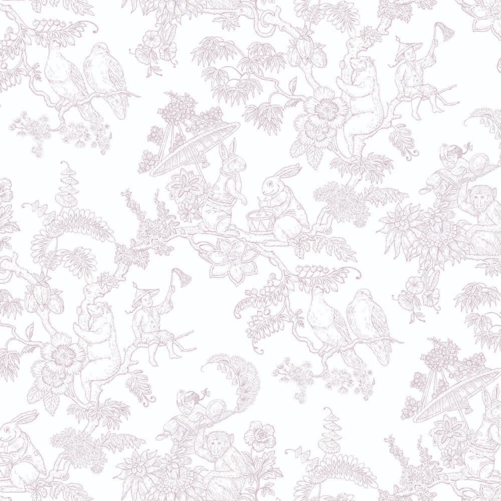 light-mauve_A traditional wallpaper with a floral pattern in a toile style design, predominantly light muave on a white background.