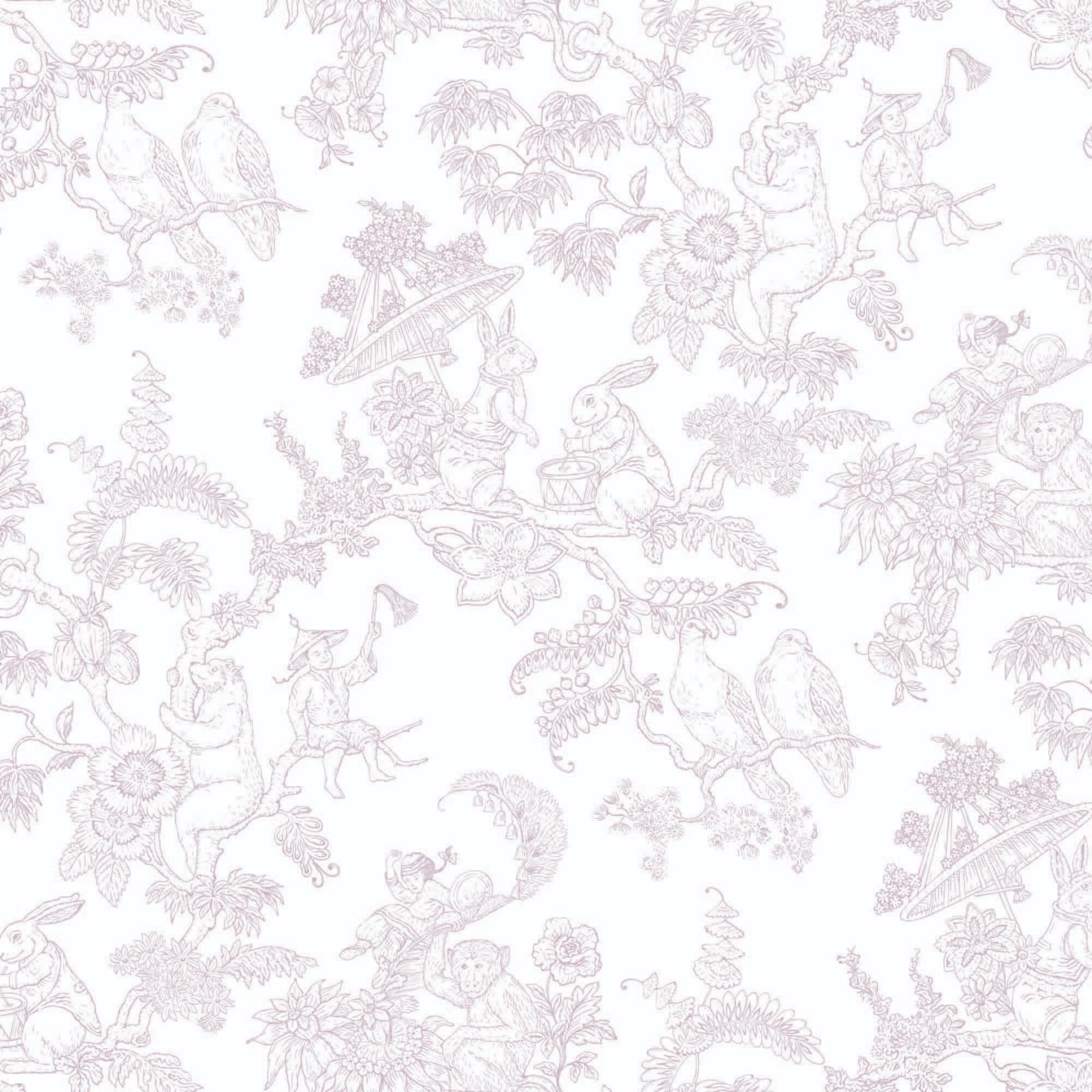 light-mauve_A traditional wallpaper with a floral pattern in a toile style design, predominantly light muave on a white background.