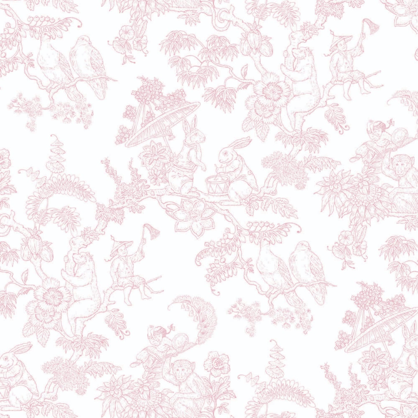 light-pink_A traditional wallpaper with a floral pattern in a toile style design, predominantly light pink on a white background.