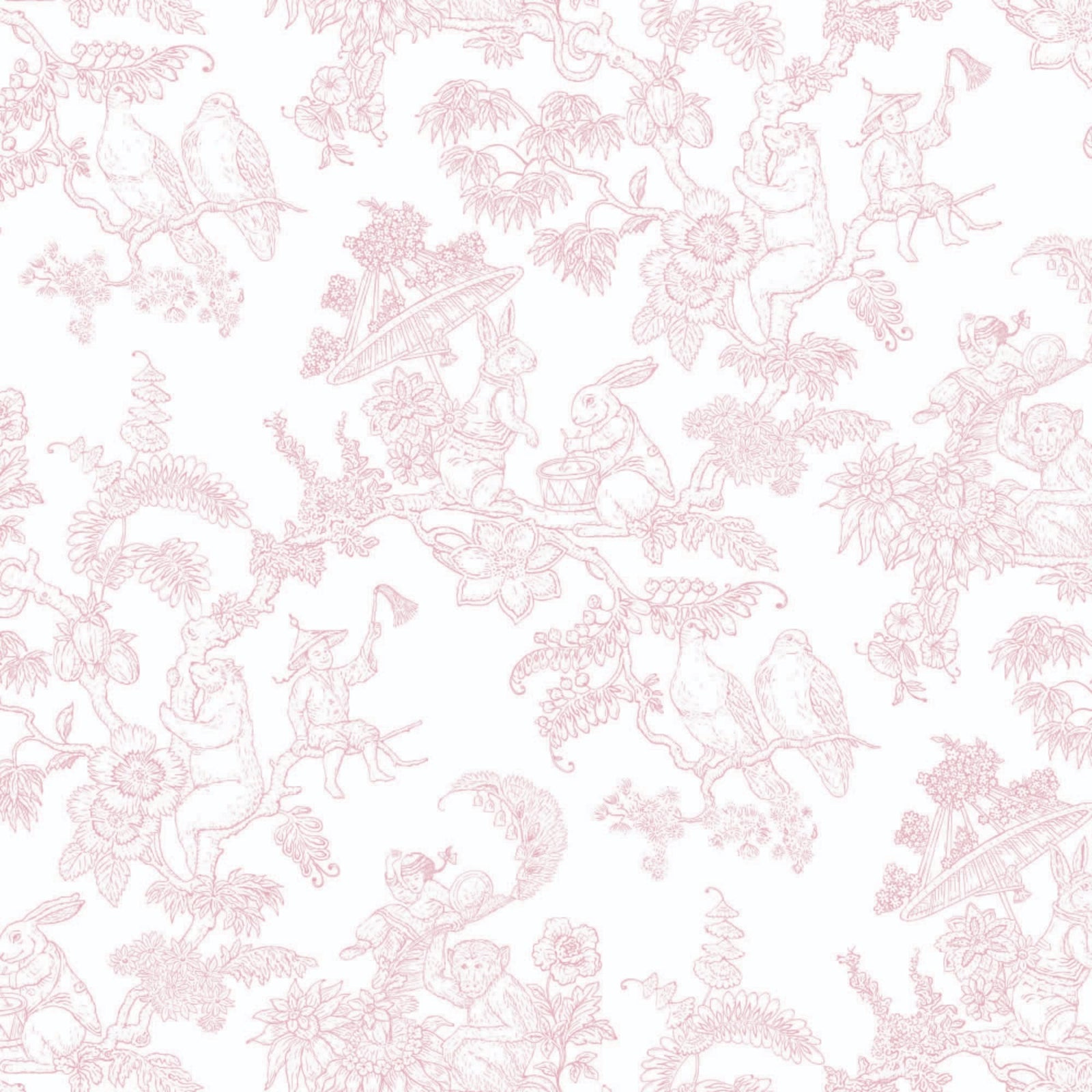 light-pink_A traditional wallpaper with a floral pattern in a toile style design, predominantly light pink on a white background.