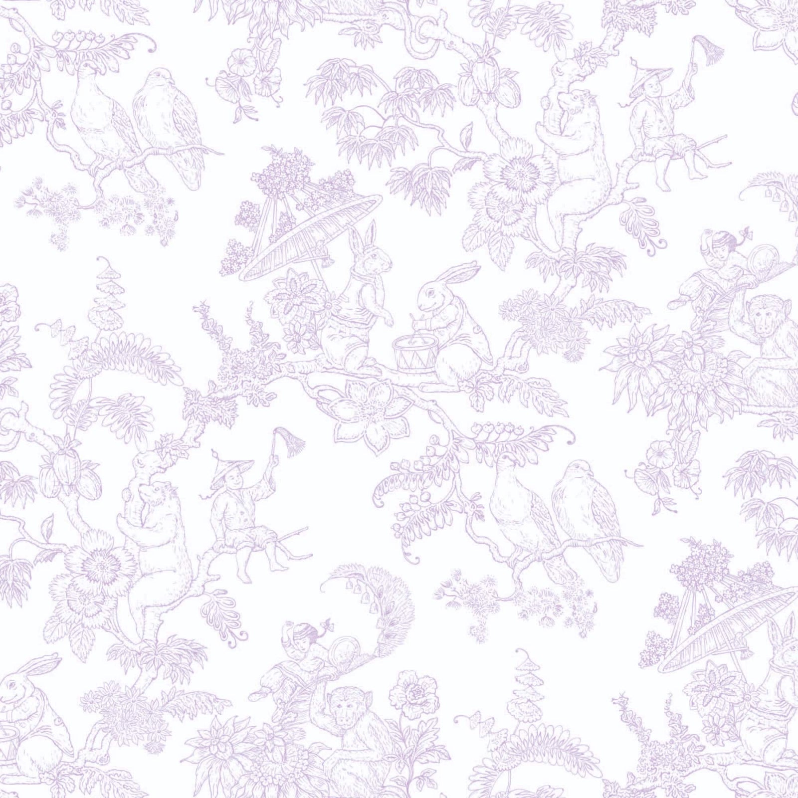 lilac_A traditional wallpaper with a floral pattern in a toile style design, predominantly lilac on a white background.