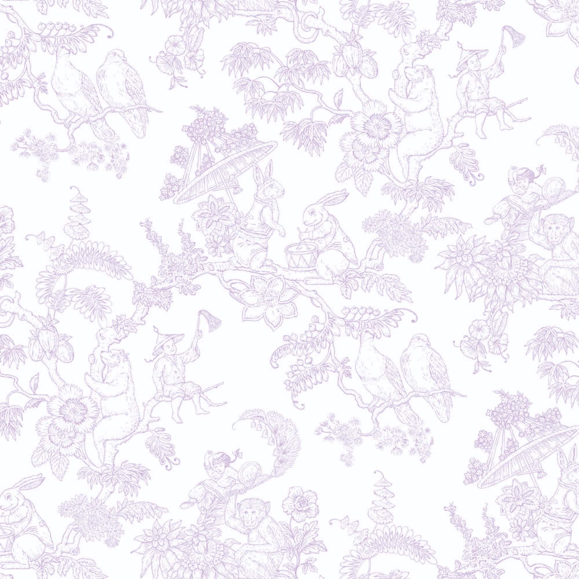 lilac_A traditional wallpaper with a floral pattern in a toile style design, predominantly lilac on a white background.