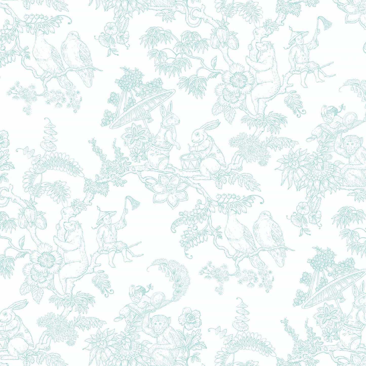 turquoise_A traditional wallpaper with a floral pattern in a toile style design, predominantly turquoise on a white background.