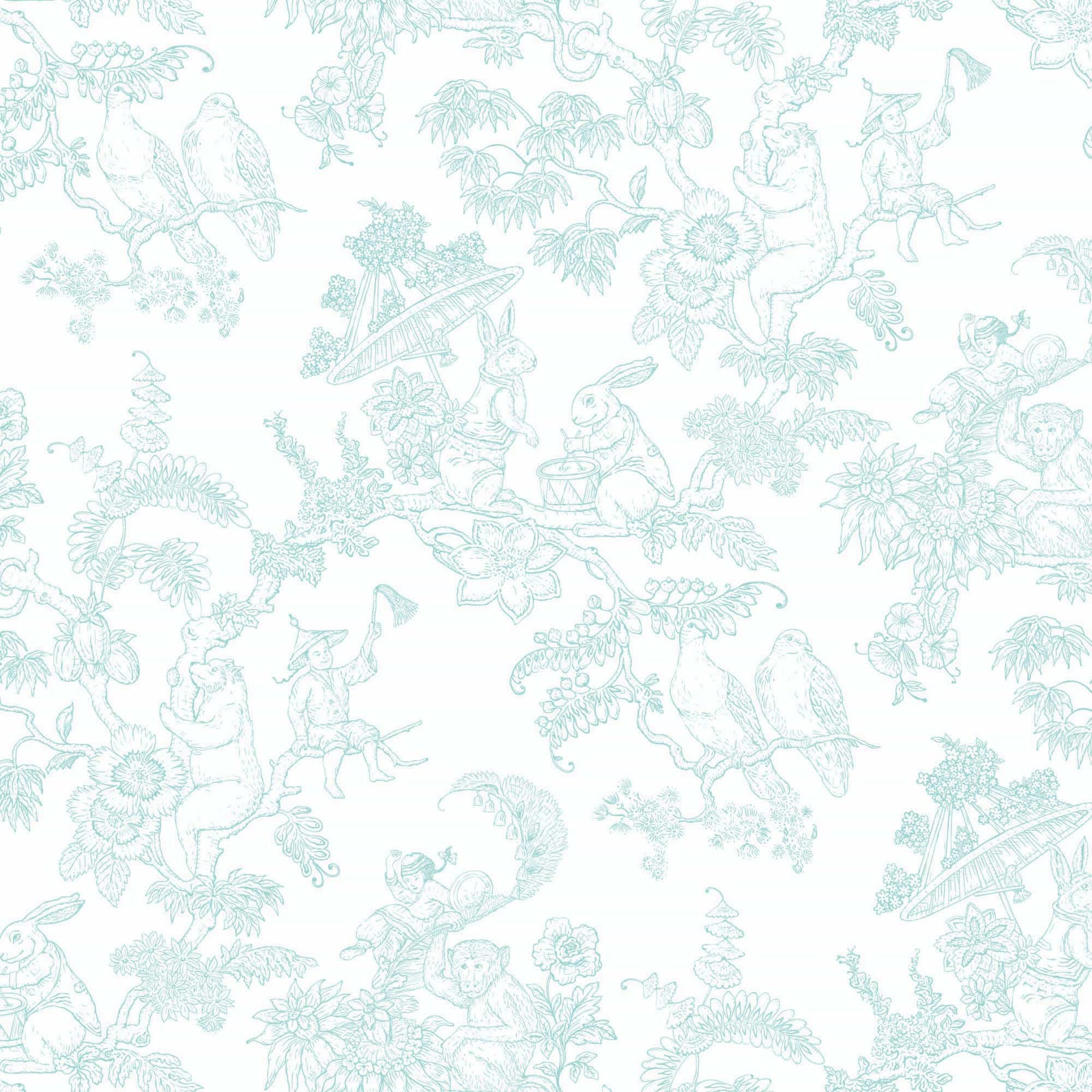 turquoise_A traditional wallpaper with a floral pattern in a toile style design, predominantly turquoise on a white background.