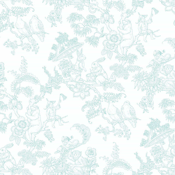 turquoise_A traditional wallpaper with a floral pattern in a toile style design, predominantly turquoise on a white background.