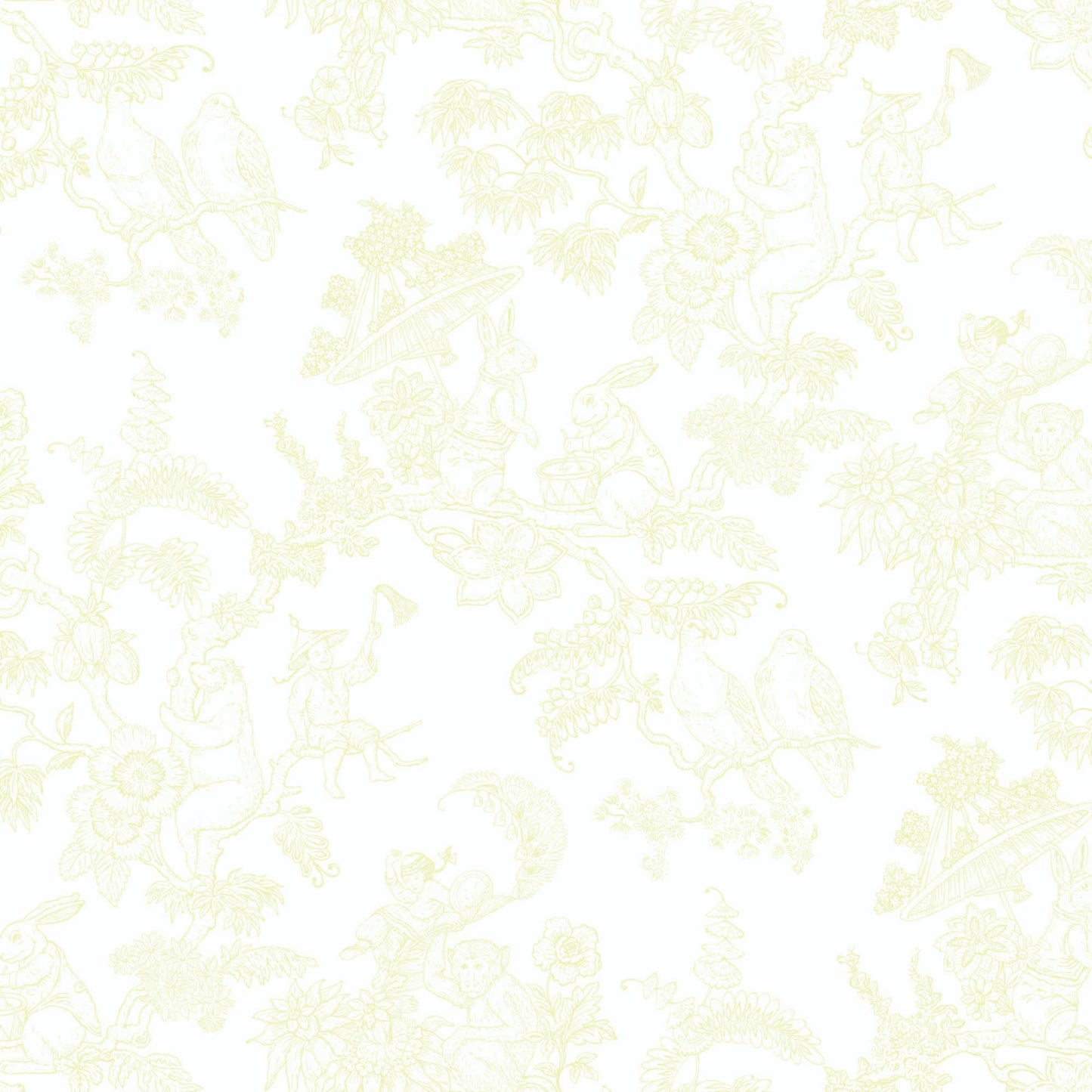 yellow_A traditional wallpaper with a floral pattern in a toile style design, predominantly yellow on a white background.