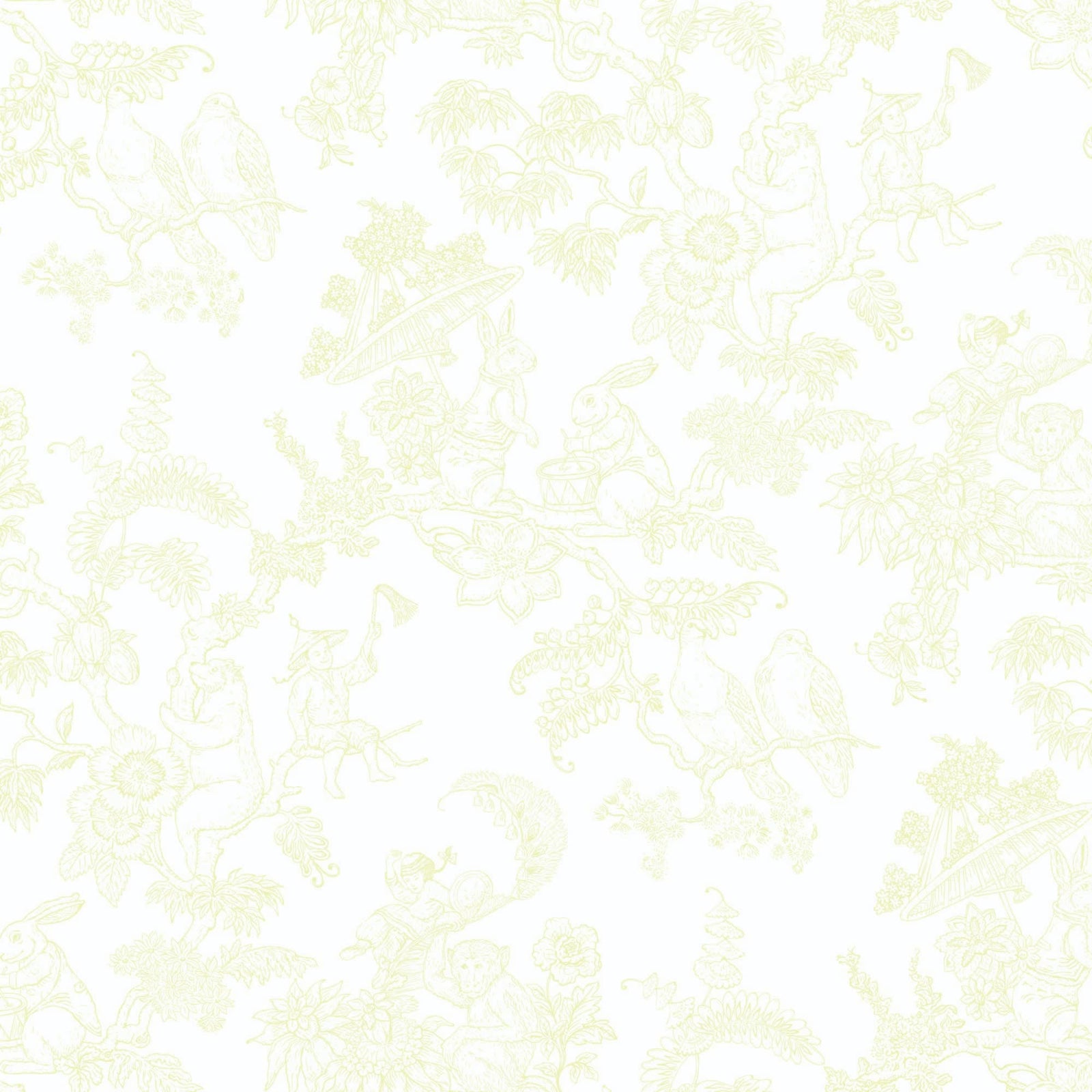 yellow_A traditional wallpaper with a floral pattern in a toile style design, predominantly yellow on a white background.