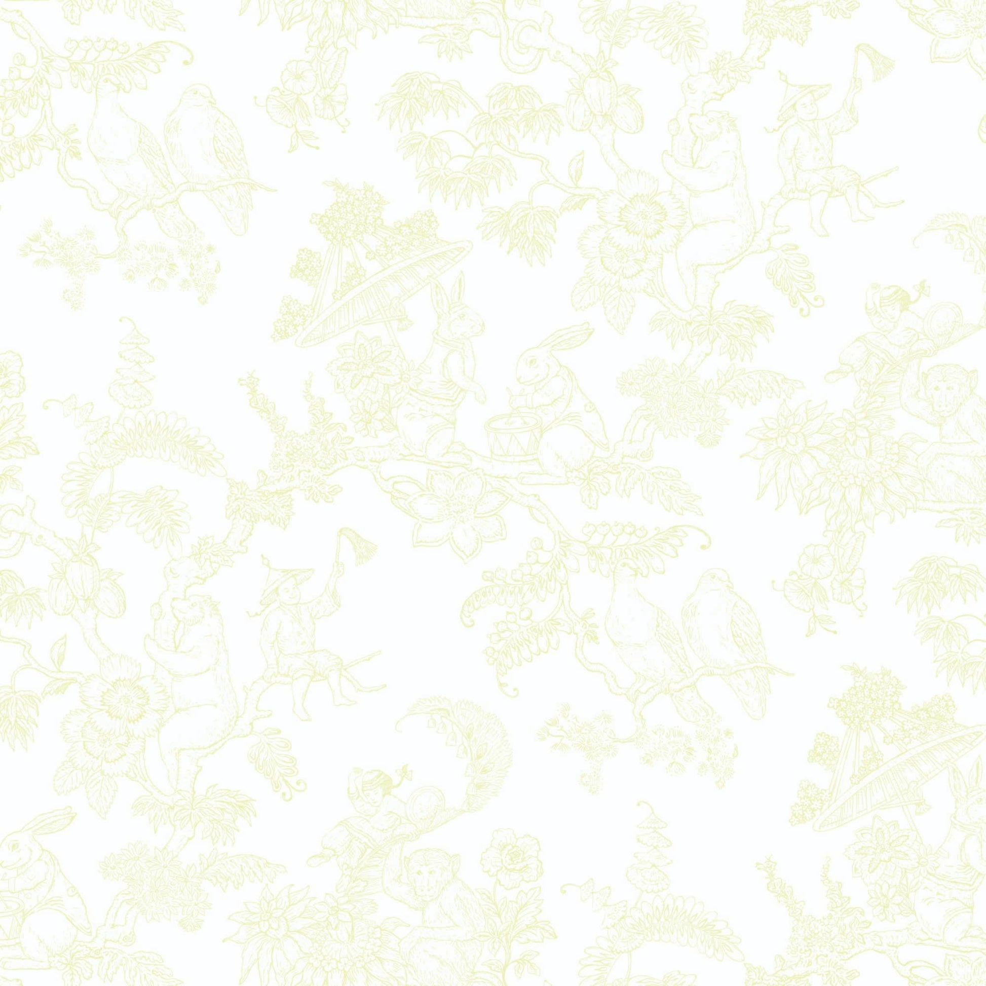 yellow_A traditional wallpaper with a floral pattern in a toile style design, predominantly yellow on a white background.