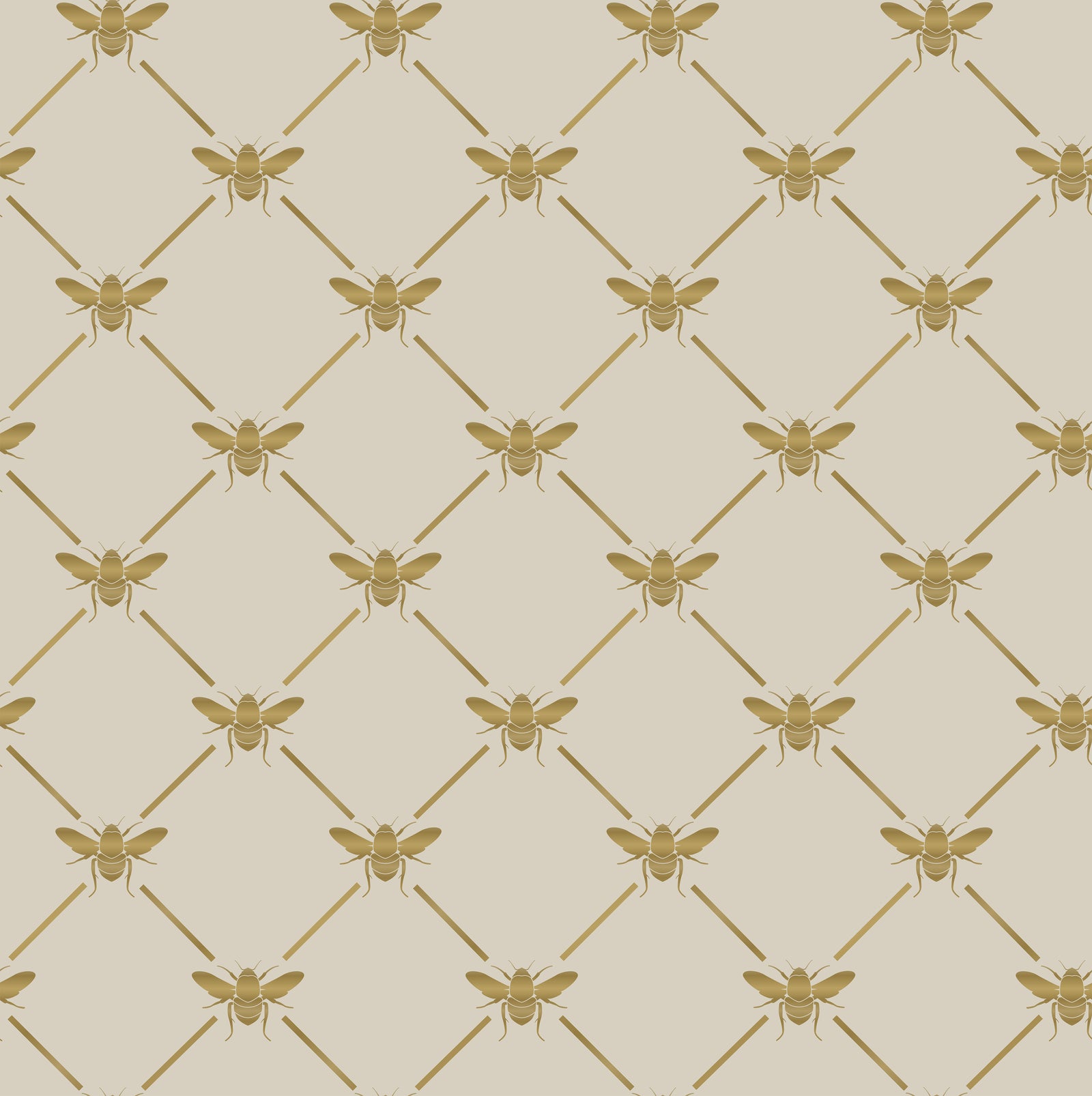 tan_A wallpaper pattern featuring gold bees on a beige background.