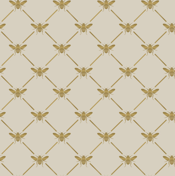 tan_A wallpaper pattern featuring gold bees on a beige background.