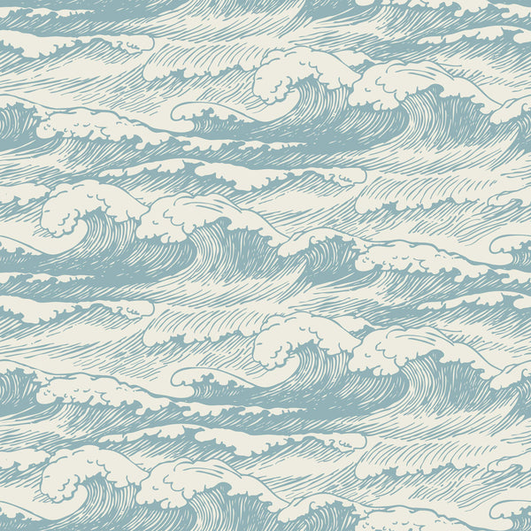 blue_Seamless ocean wave pattern featuring hand-drawn, stylized waves in soft blue linework on a light background, creating a classic, nautical-inspired design with fluid movement.