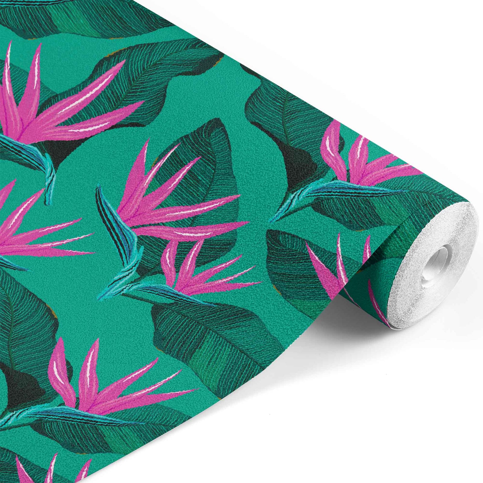 teal_A wallpaper with a tropical pattern, featuring large green leaves and hot pink flower blooms with a teal background.