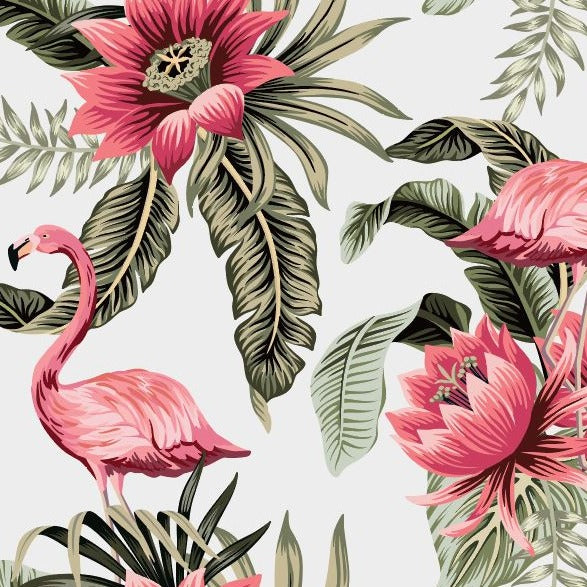 white_A wallpaper pattern with a tropical theme, featuring multiple pink flamingos and large pink flowers among green leaves.