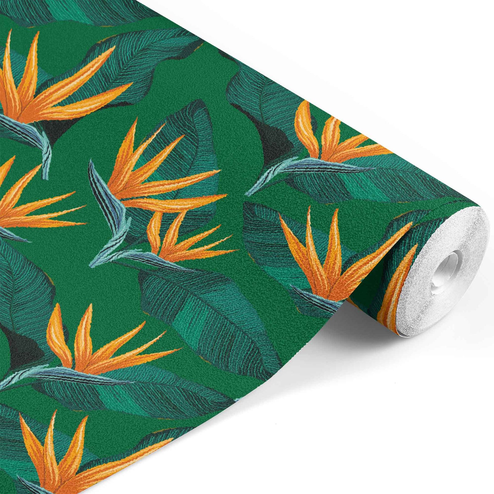 green_A wallpaper with a tropical pattern, featuring large green leaves and hot pink flower blooms with a green background.