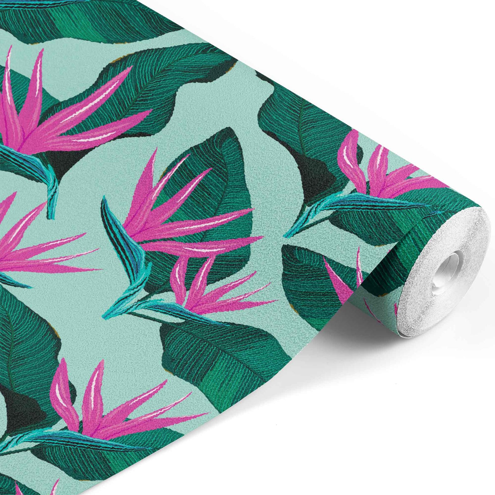 mint_A wallpaper with a tropical pattern, featuring large green leaves and hot pink flower blooms with a mint background.