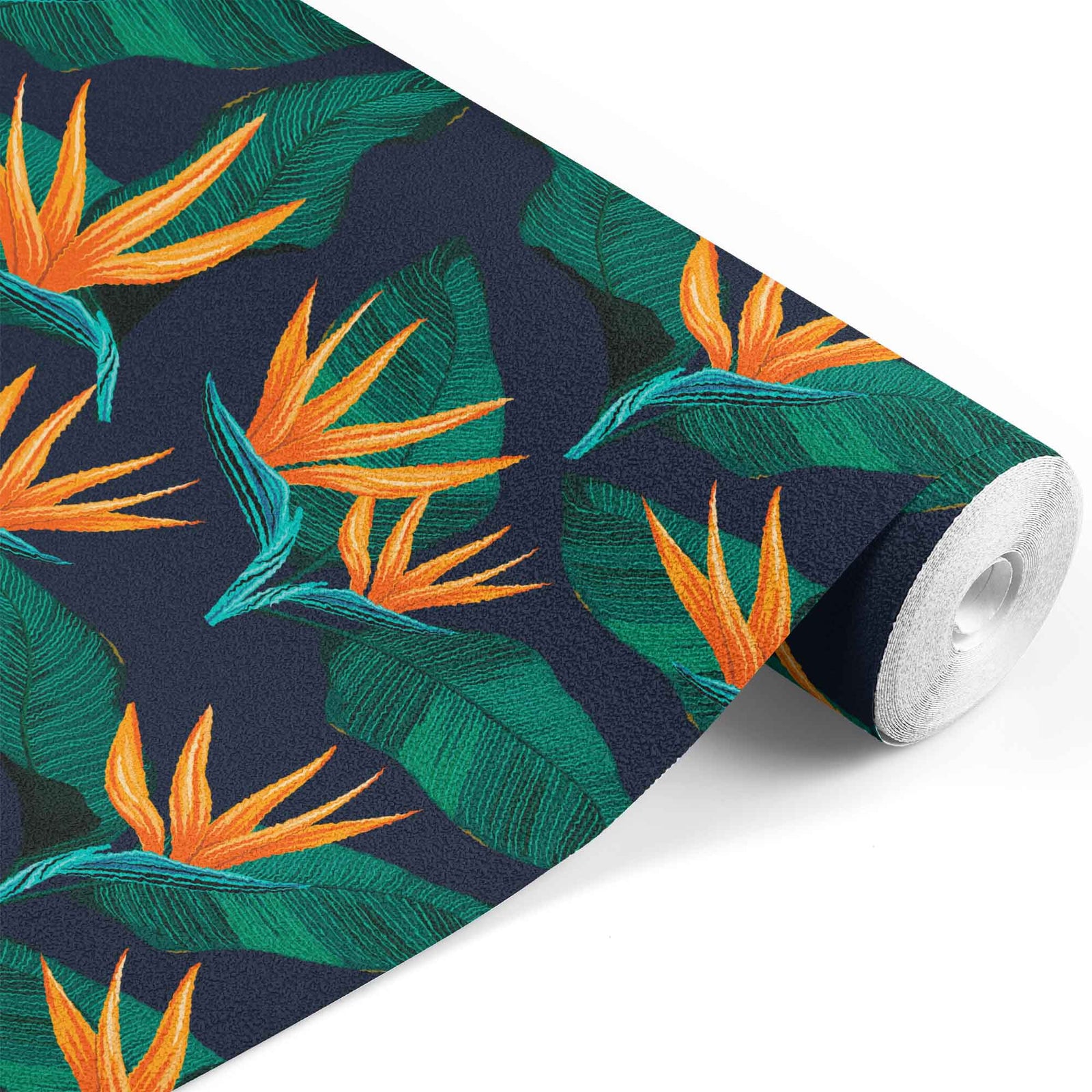 navy_A wallpaper with a tropical pattern, featuring large green leaves and hot pink flower blooms with a navy background.