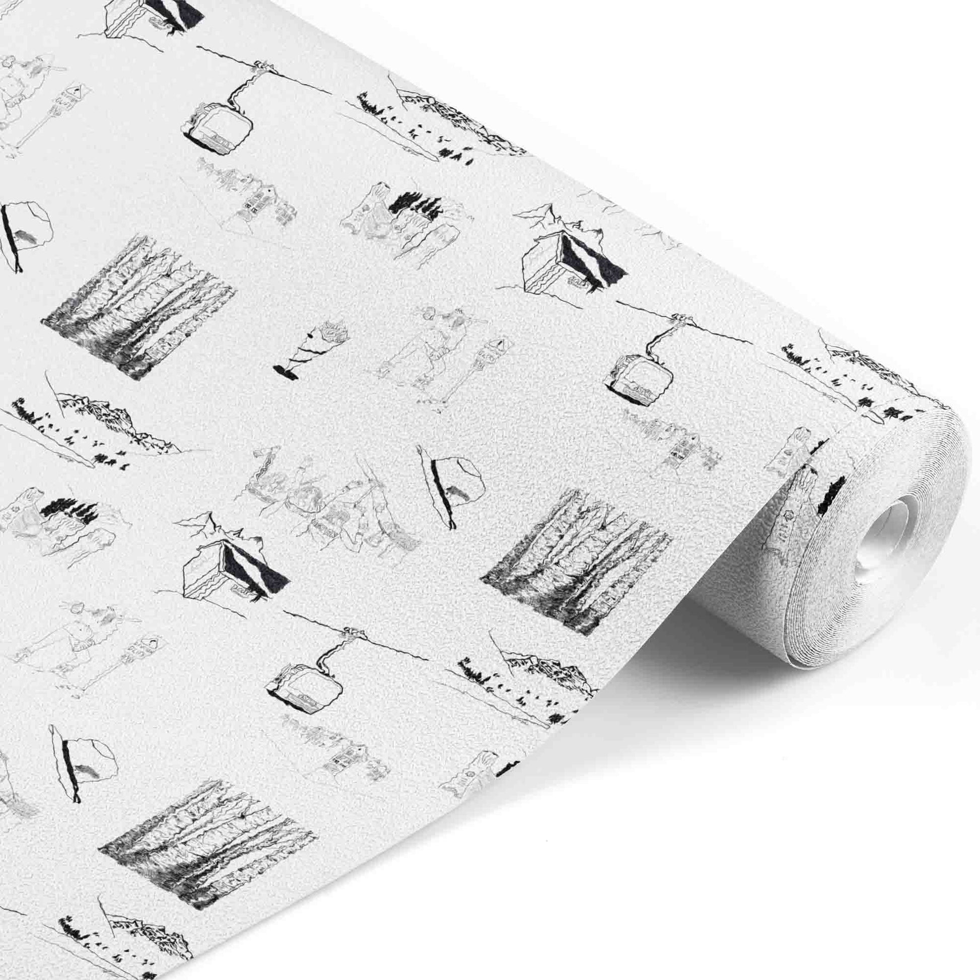 black_A black and white traditional wallpaper featuring ski resort scenes with mountain ranges, ski lifts, and ski gear.