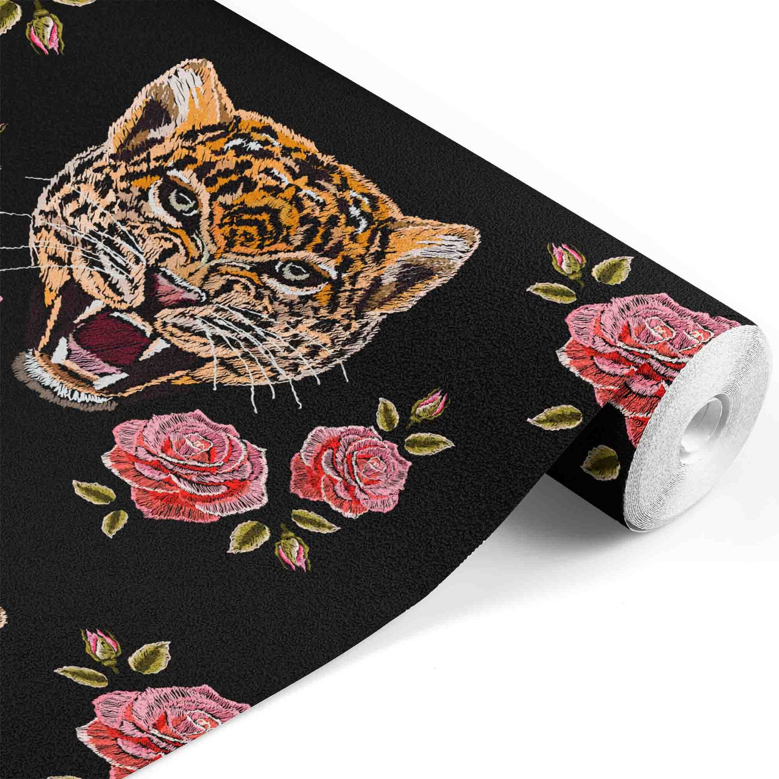black_repeating pattern with embroidered tiger heads and roses.
