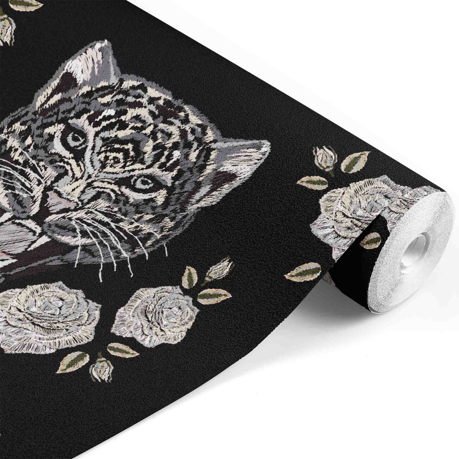 ivory_repeating pattern with embroidered tiger heads and roses.