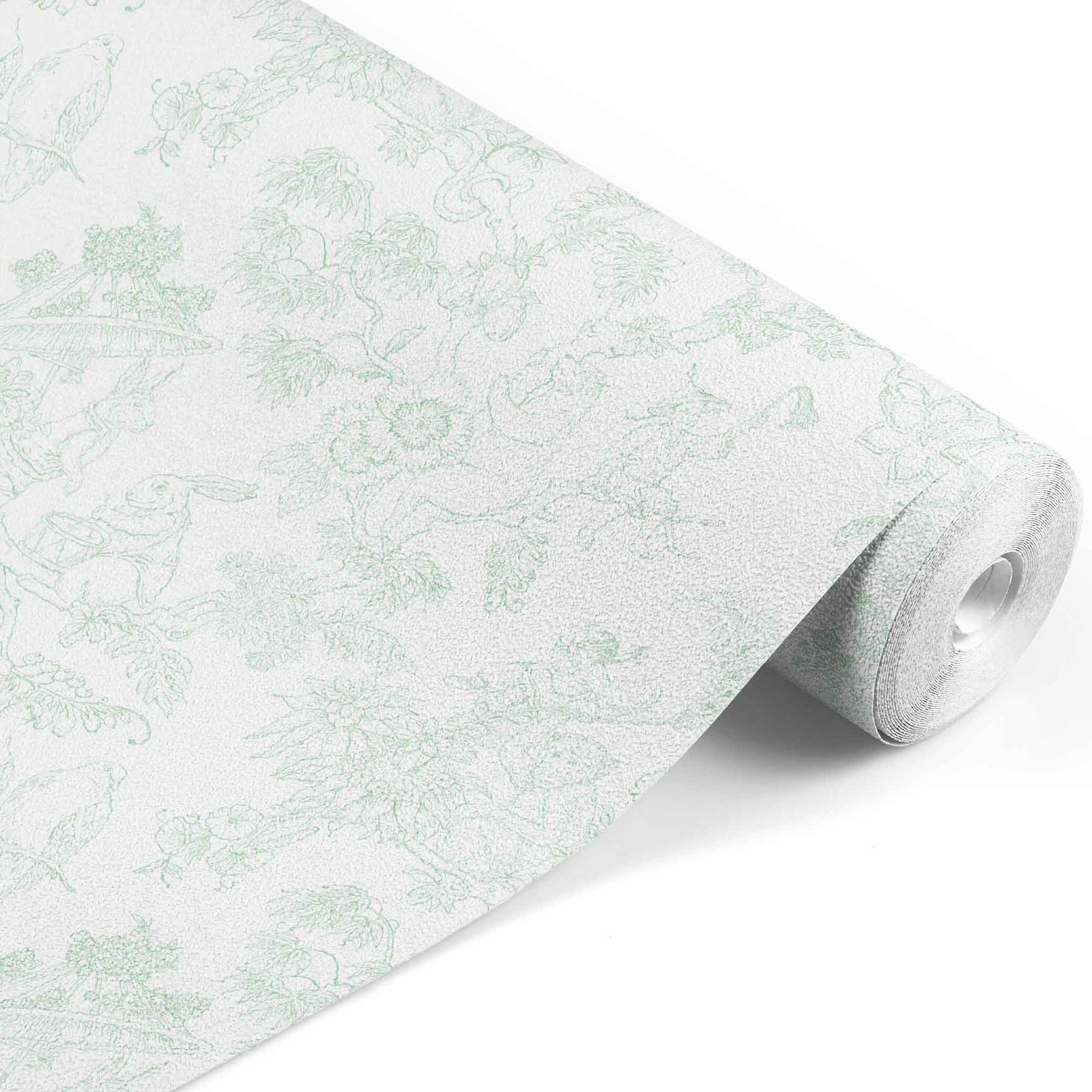 green_A traditional wallpaper with a floral pattern in a toile style design, predominantly green on a white background.