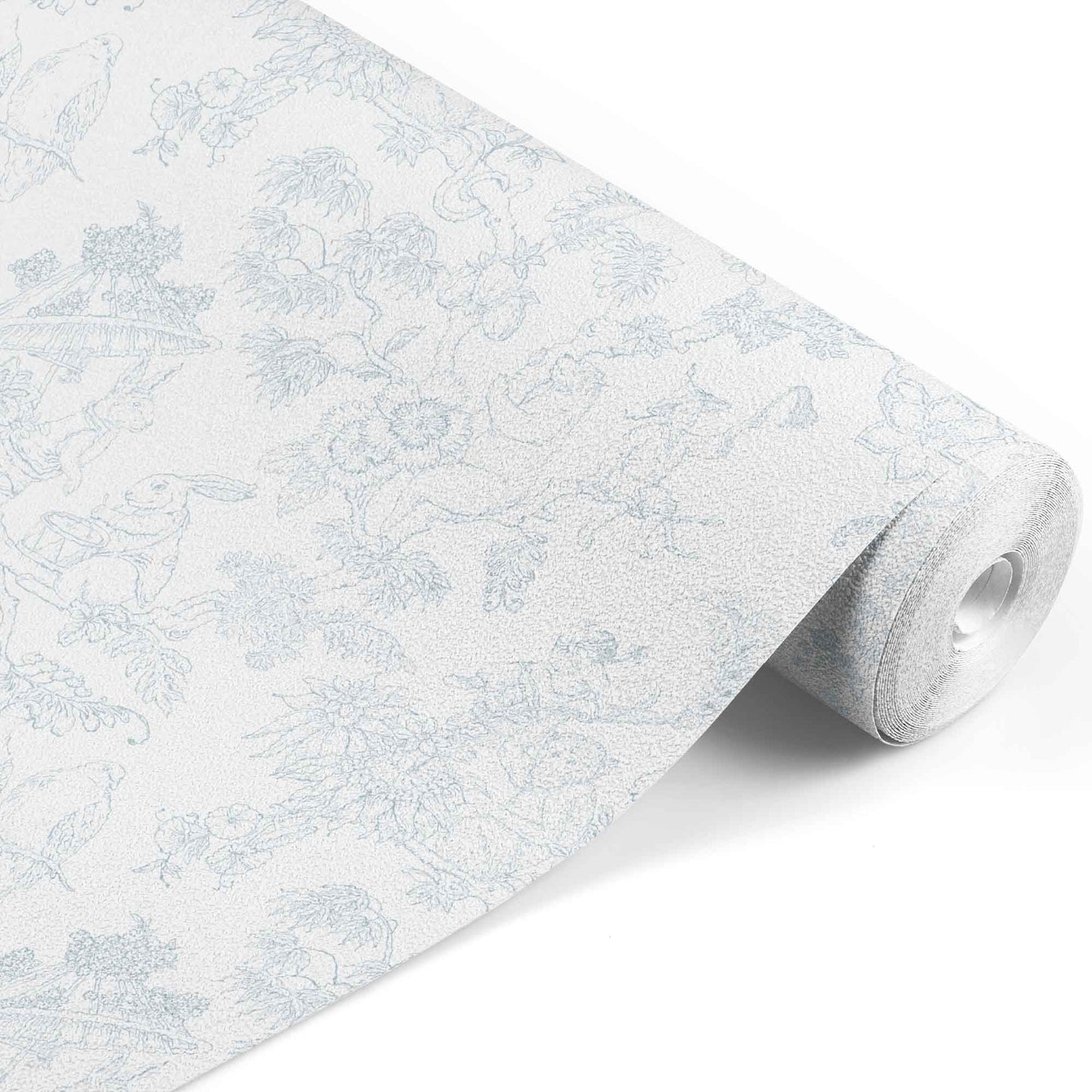 light-blue_A traditional wallpaper with a floral pattern in a toile style design, predominantly light blue on a white background.