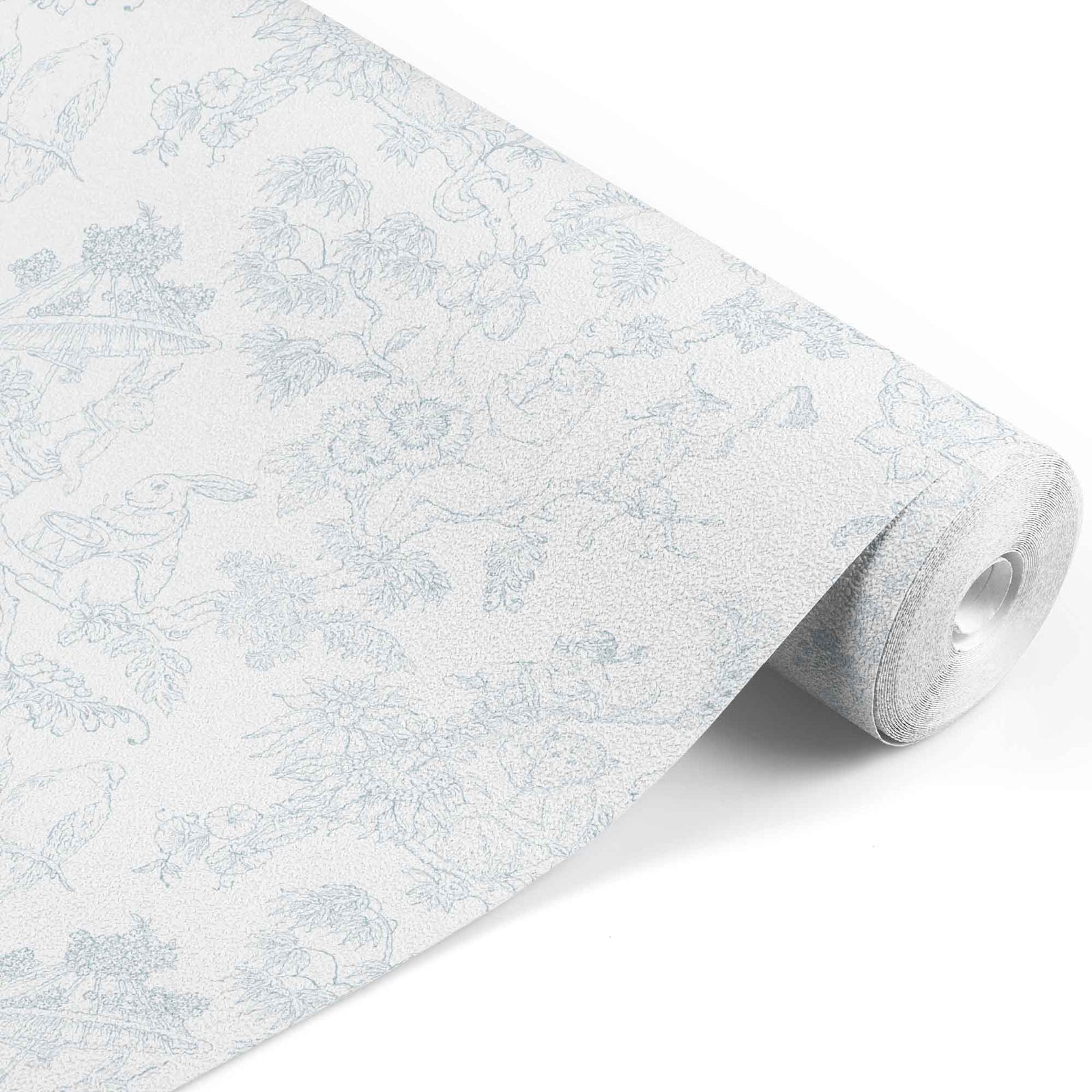 light-blue_A traditional wallpaper with a floral pattern in a toile style design, predominantly light blue on a white background.