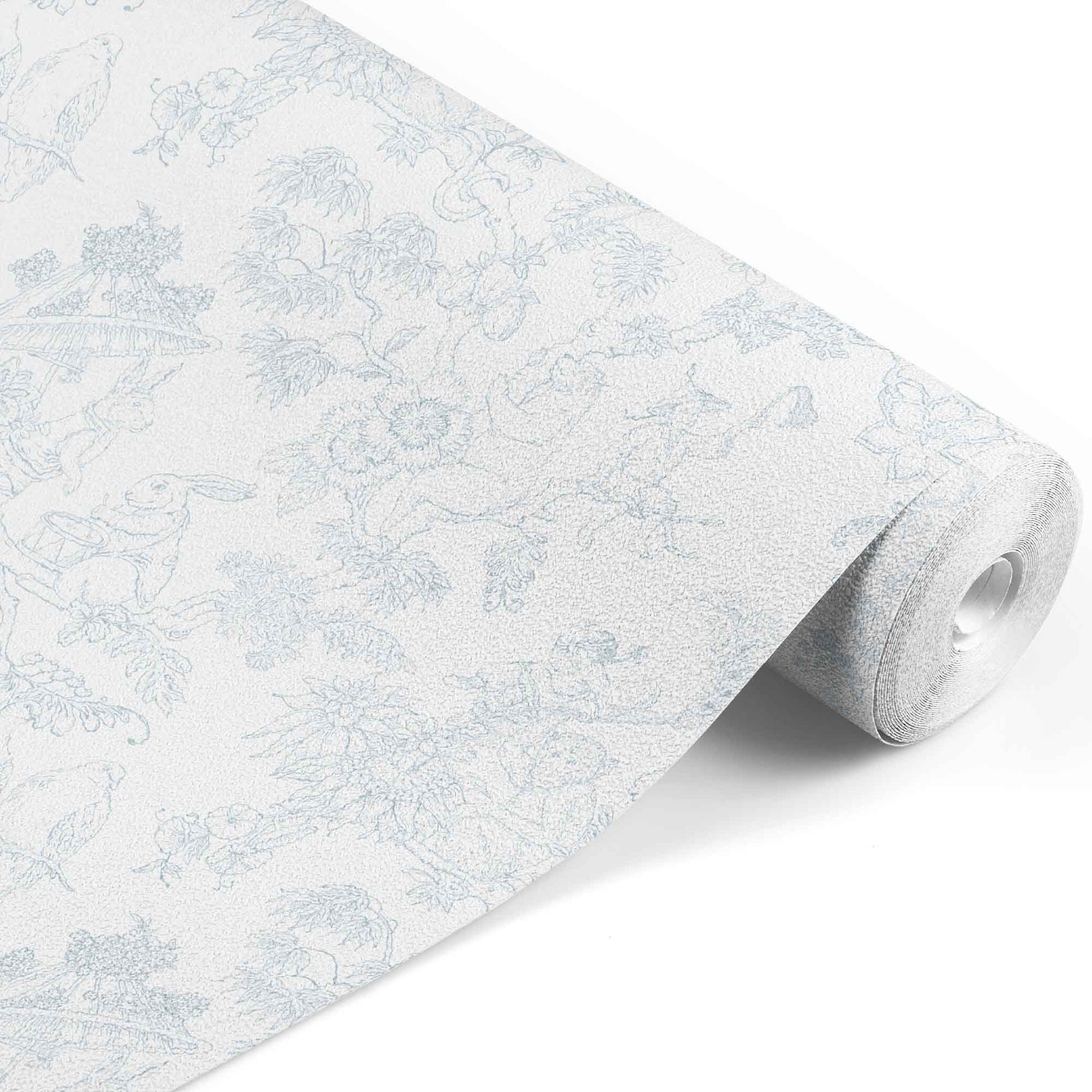 light-blue_A traditional wallpaper with a floral pattern in a toile style design, predominantly light blue on a white background.