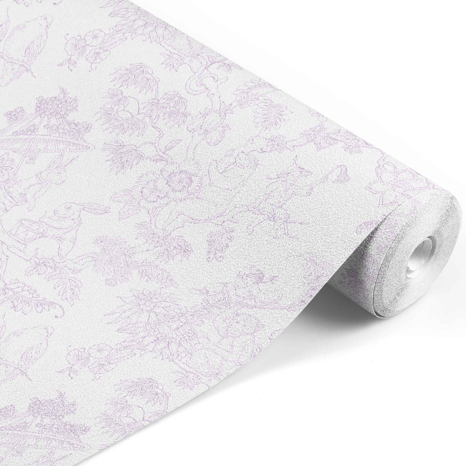 lilac_A traditional wallpaper with a floral pattern in a toile style design, predominantly lilac on a white background.