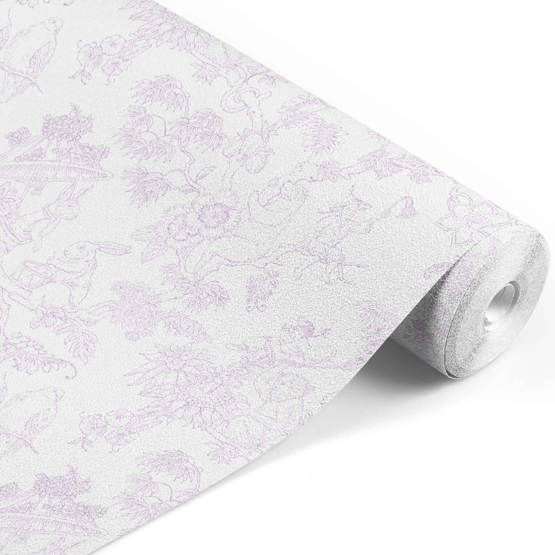 lilac_A traditional wallpaper with a floral pattern in a toile style design, predominantly lilac on a white background.