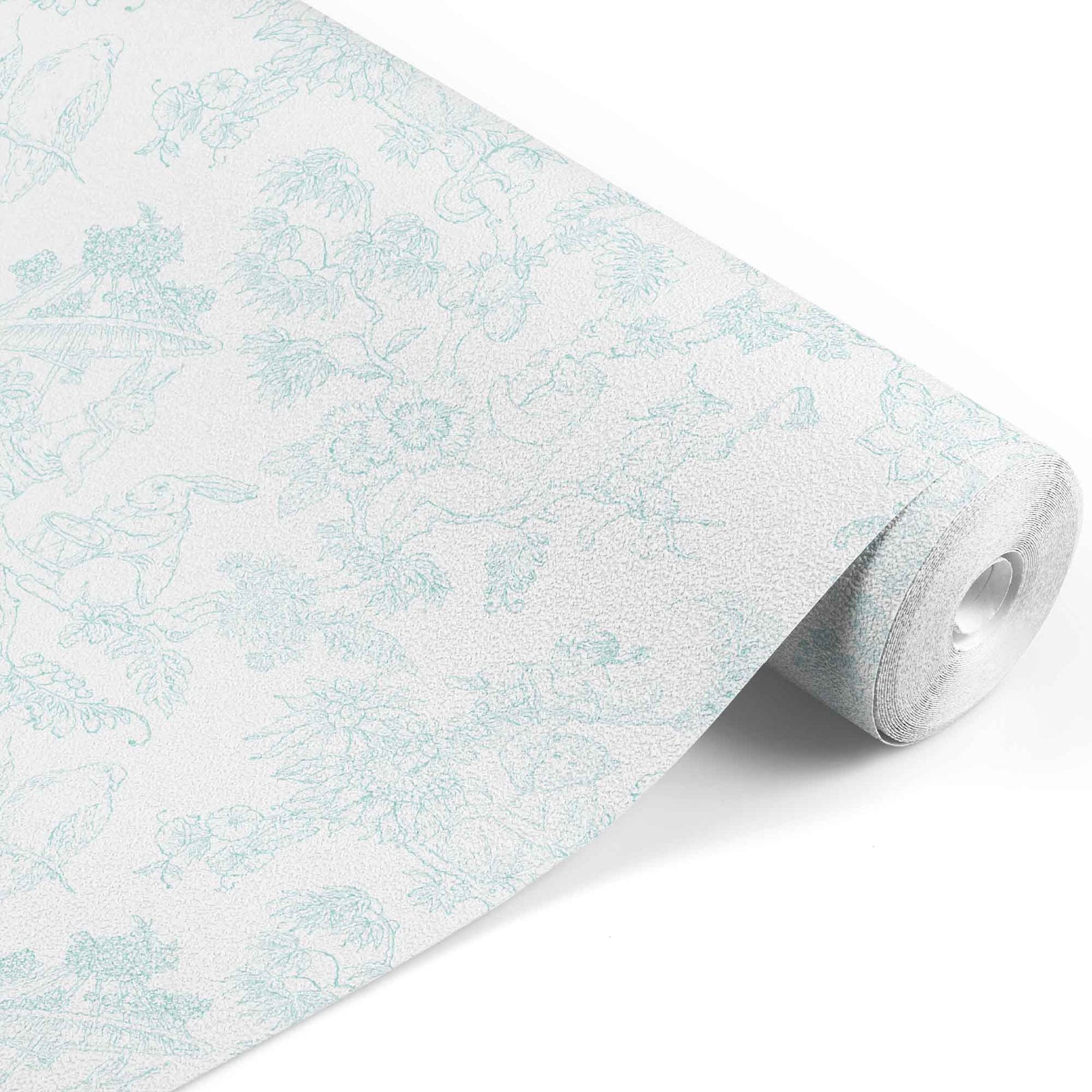 turquoise_A traditional wallpaper with a floral pattern in a toile style design, predominantly turquoise on a white background.