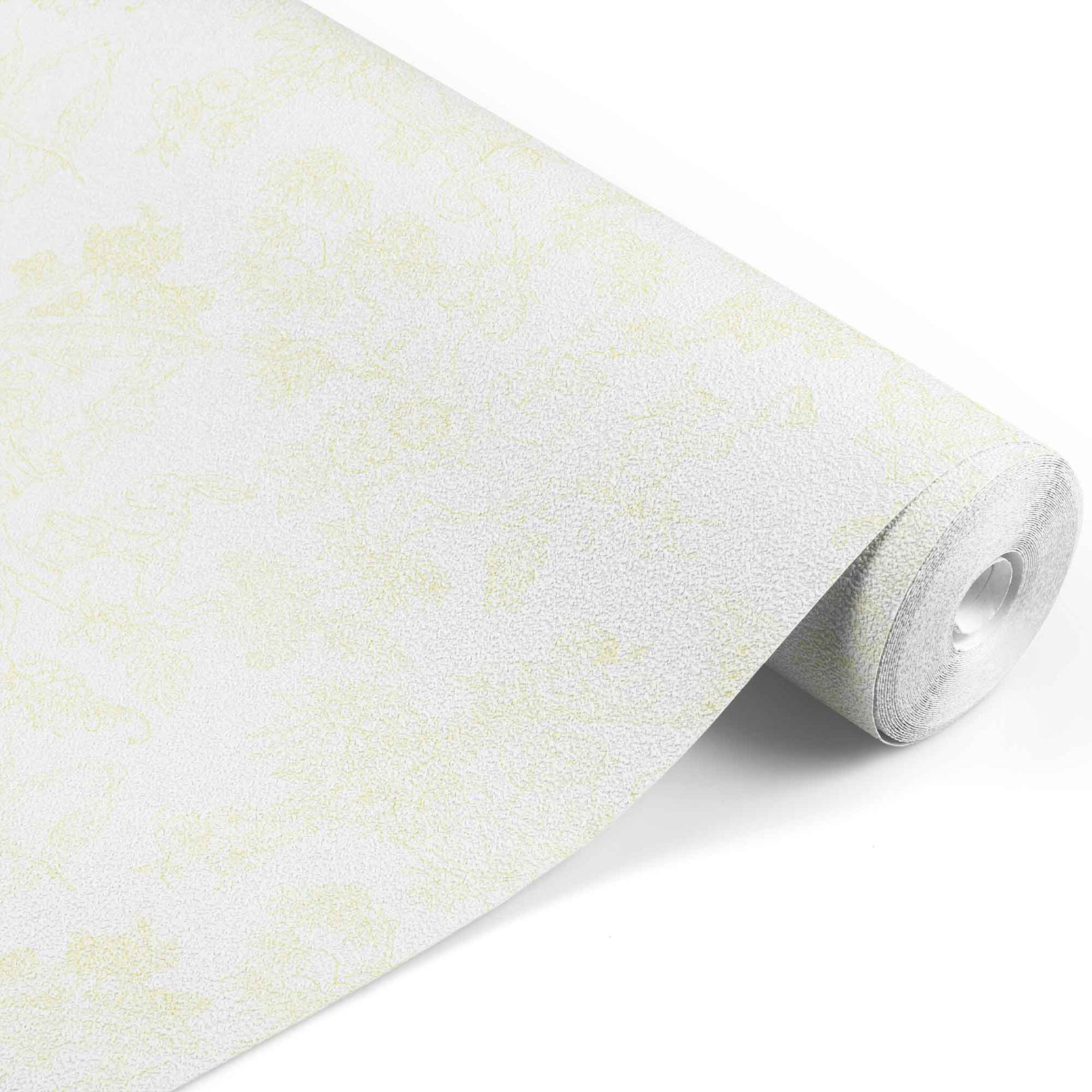 yellow_A traditional wallpaper with a floral pattern in a toile style design, predominantly yellow on a white background.