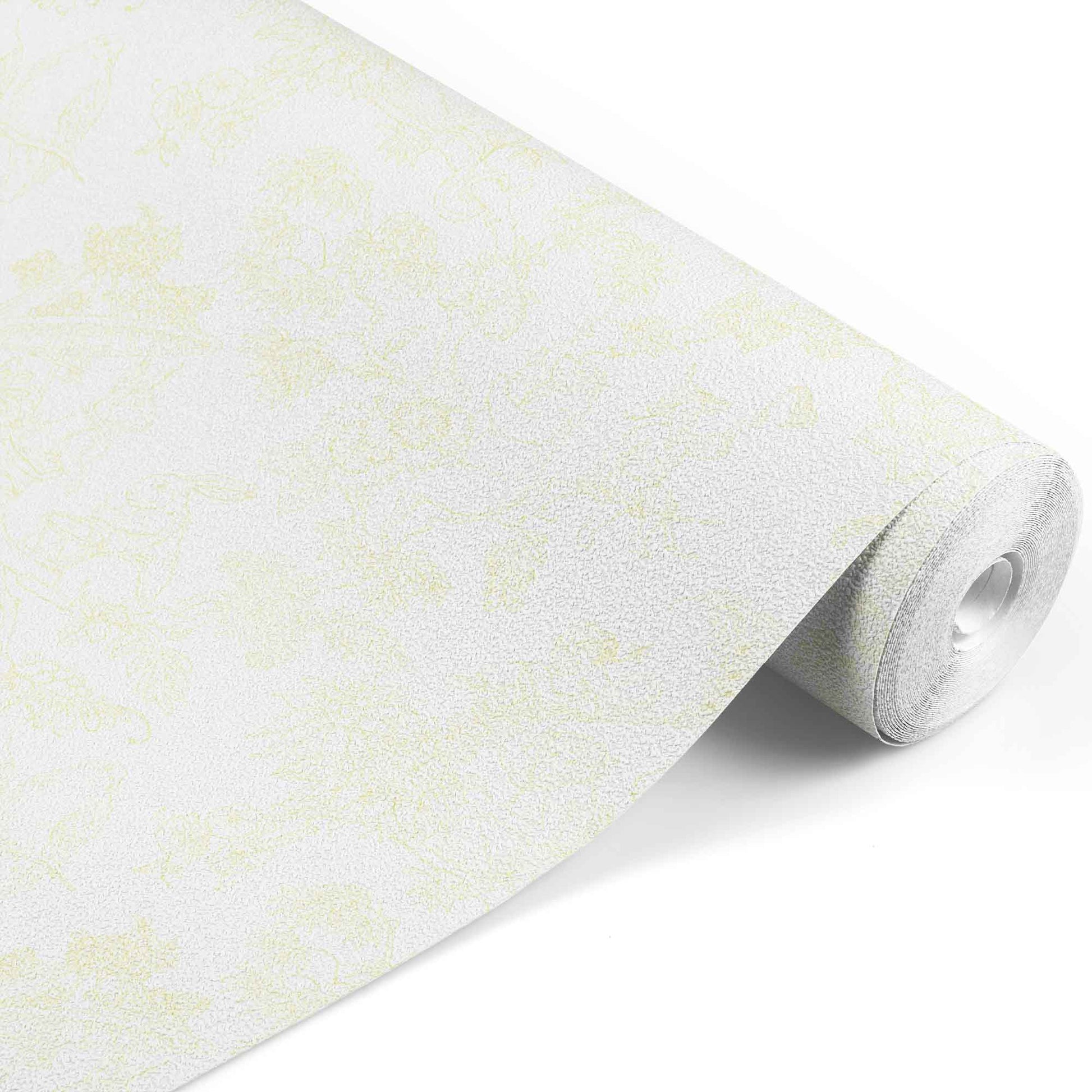 yellow_A traditional wallpaper with a floral pattern in a toile style design, predominantly yellow on a white background.