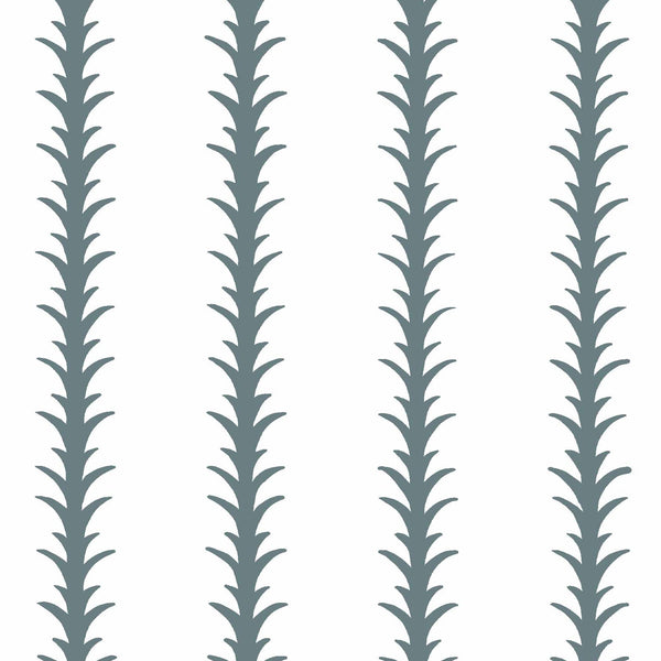 slate-blue_A vertical pattern of leaf-like shapes in shades of slate blue with a white background, indicative of traditional wallpaper.