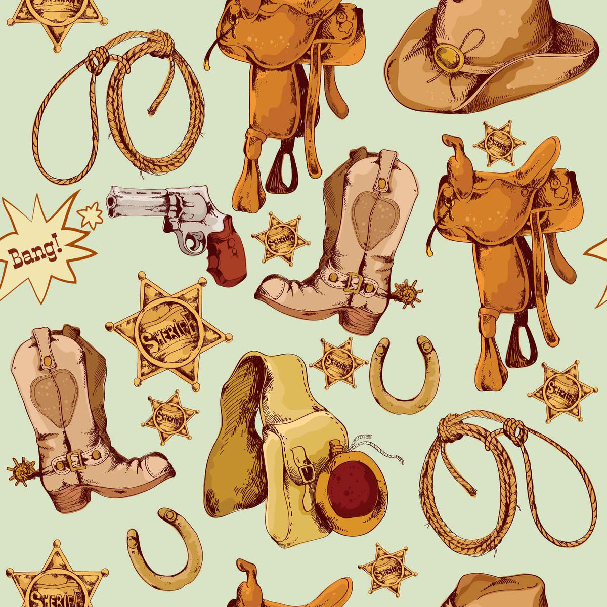 light-green_A wallpaper featuring a pattern with western-themed elements such as cowboy hats, boots, and guns on a light green background.