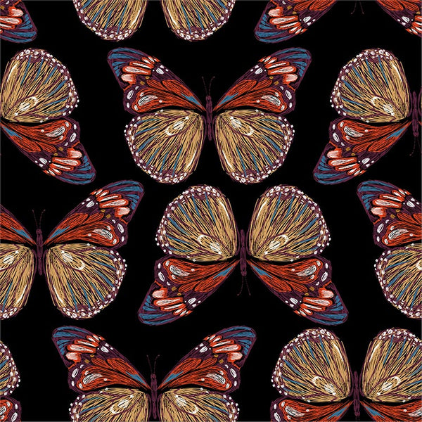 black_Seamless pattern of illustrated butterflies with detailed, multicolored wings in shades of rust, gold, teal, and plum, arranged on a black background for a bold, high-contrast look.